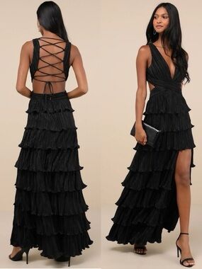 NWT Lulu’s Beauty Icon Black Satin Pleated Tiered Lace-Up Maxi Dress Medium Chic